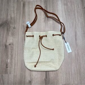 Montce Bucket Bag Beach Tote Cream Straw w/Leather Drawstring & Adjustable Strap